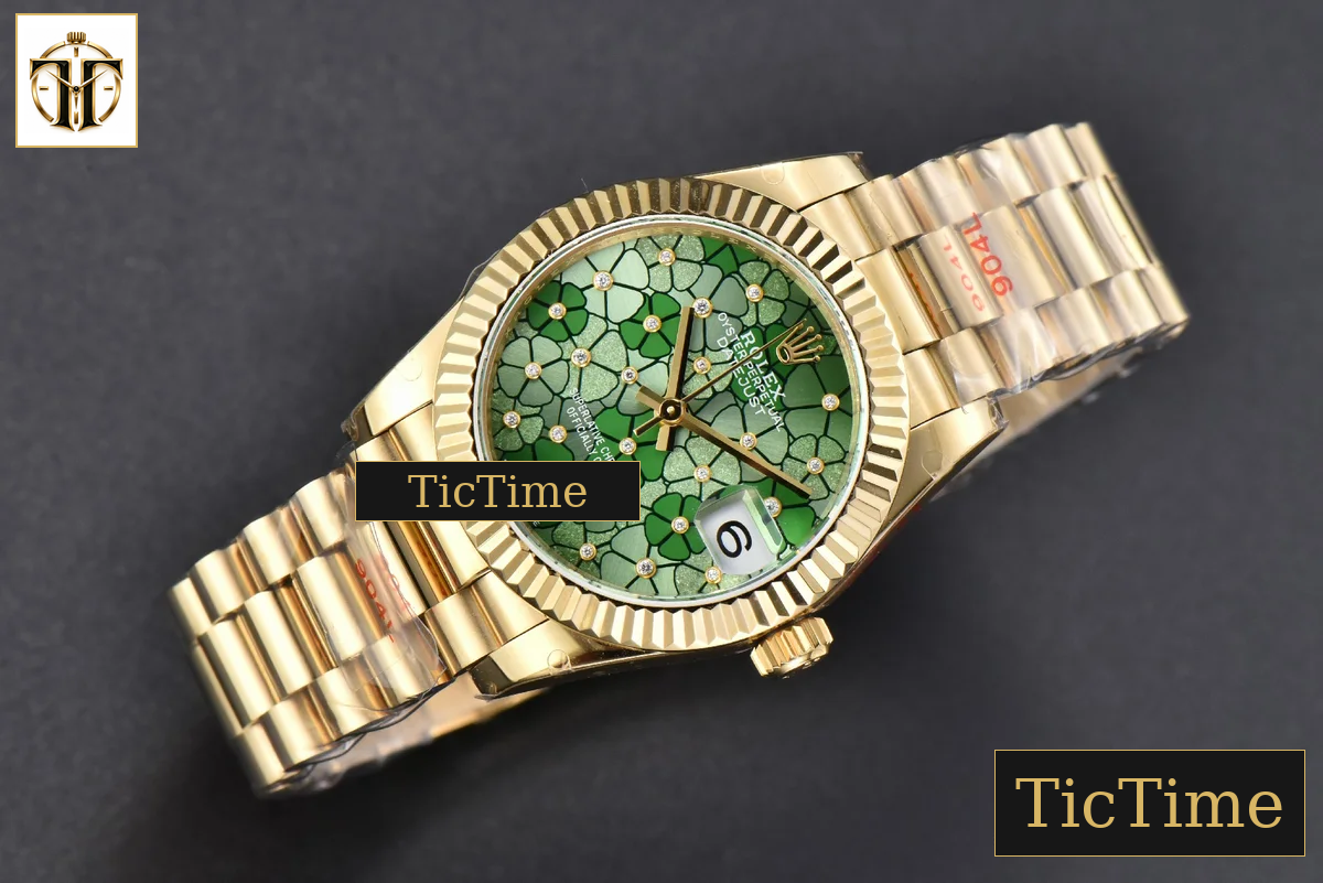 DateJust 904L 31mm GMF YG Fluted Bezel Green Flowers Dial President Bracelet A2824 — foto 4