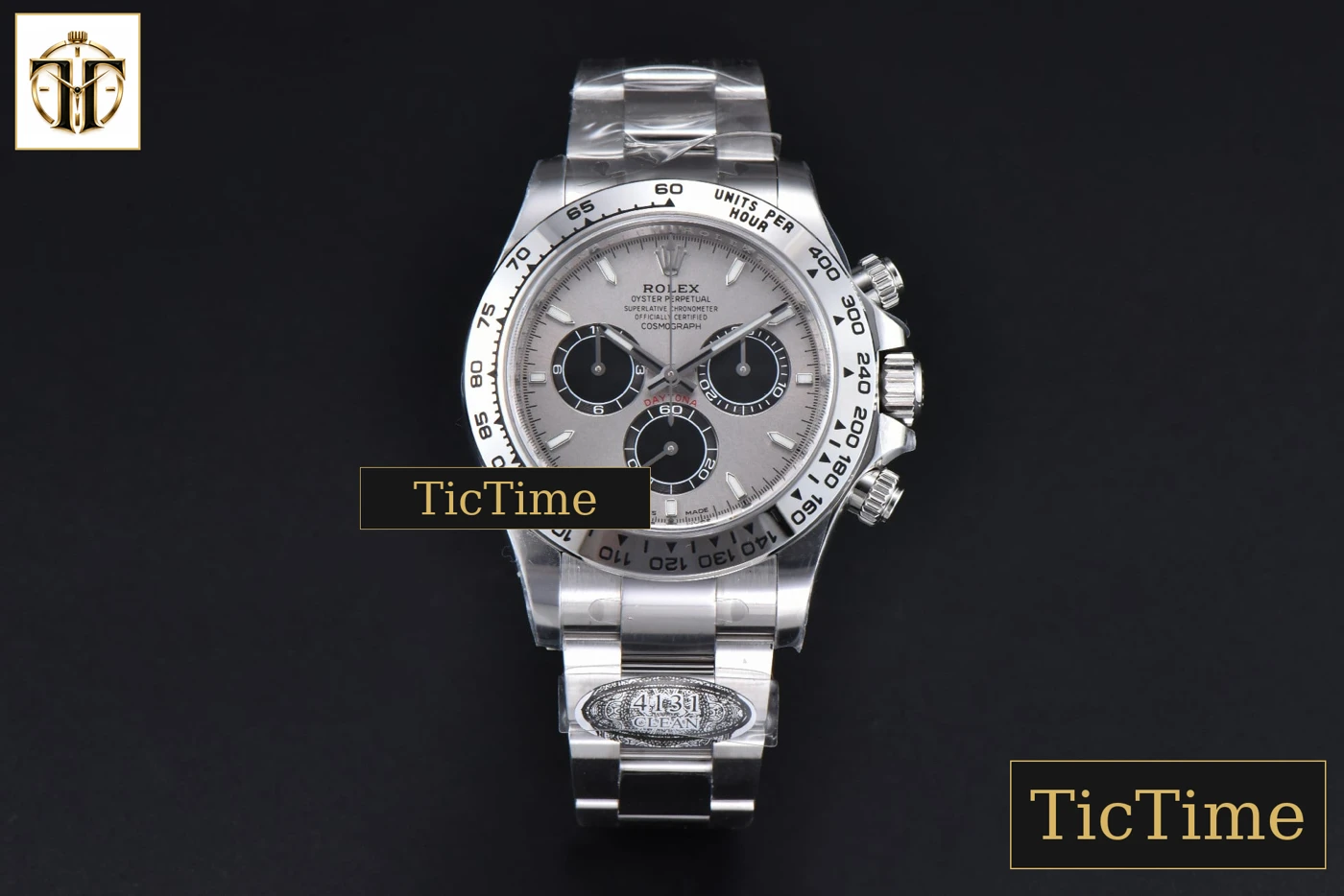 Vista frontal — Daytona 126509 40mm Clean Factory Grey Black Subdial Lume Marker SS Bracelet DD4131