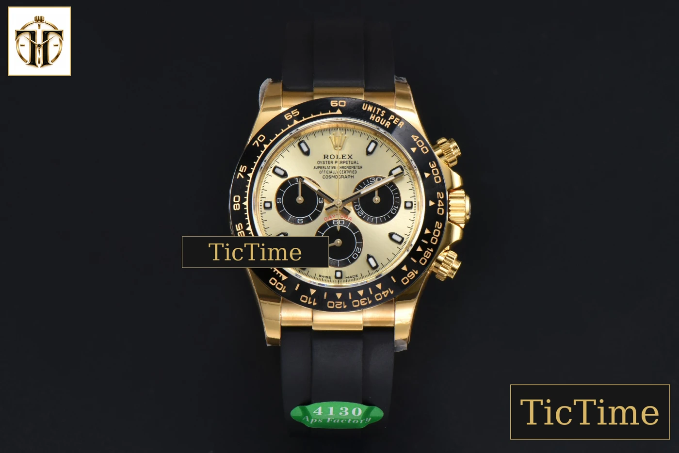 Vista frontal — Daytona 116518 40mm APSF YG YG/Black Dial Ceramic Bezel Lume Marker Oysterflex Strap Tungsten Version SH4130