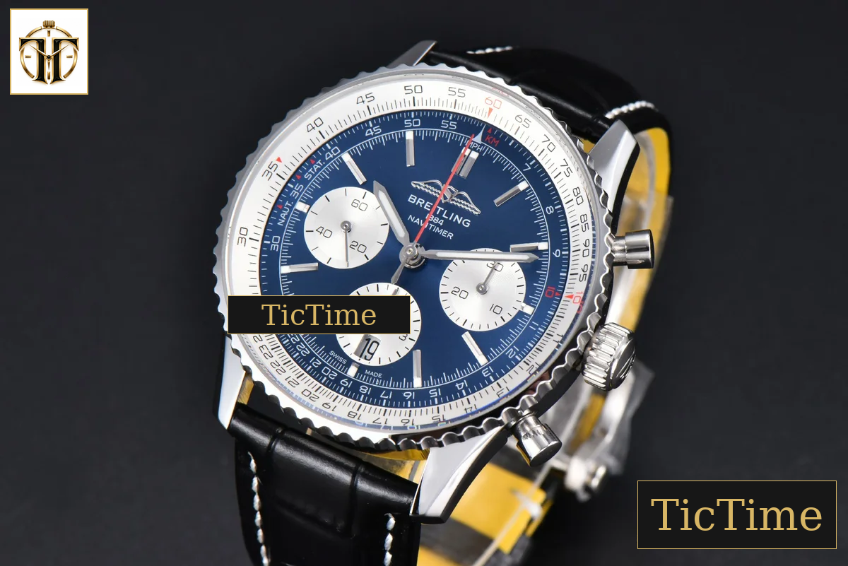 Navitimer B01 43mm BLSF Blue Dial White Subdial Black Leather Strap A7750 — foto 4