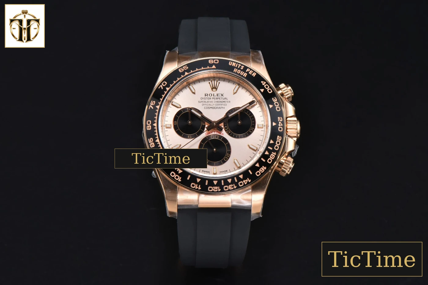 Vista frontal — Daytona 126515 40mm Clean Factory RG Black Bezel Black Subdial Black Oysterflex Strap SH4131