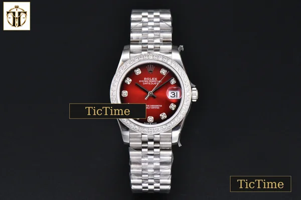 Foto frontal — DateJust 904L 31mm GMF Diamond Bezel Red Dial Diamond Marker SS Jubilee Bracelet A2824