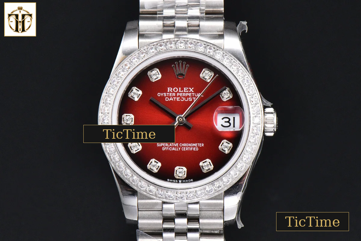 DateJust 904L 31mm GMF Diamond Bezel Red Dial Diamond Marker SS Jubilee Bracelet A2824 — foto 5