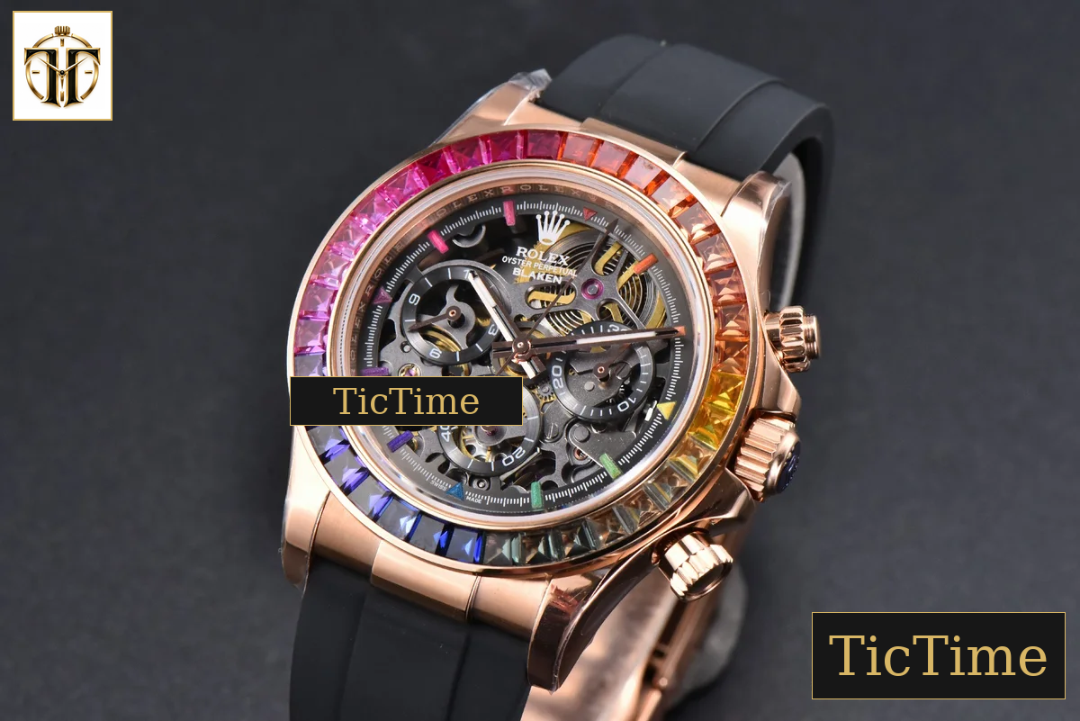 Daytona 40mm GETF PVD RG Carbon Rainbow Diamond Skeleton Dial Black Rubber Strap SA4130 — foto 5