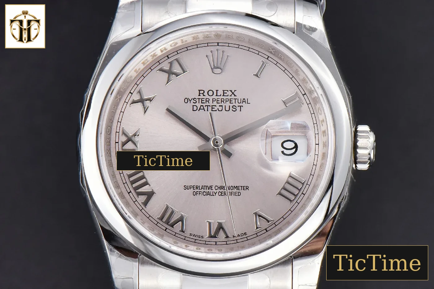 Vista frontal — DateJust 36mm GMF SS Smooth Bezel Silver Dial Roma Marker Oyster Bracelet VR3235