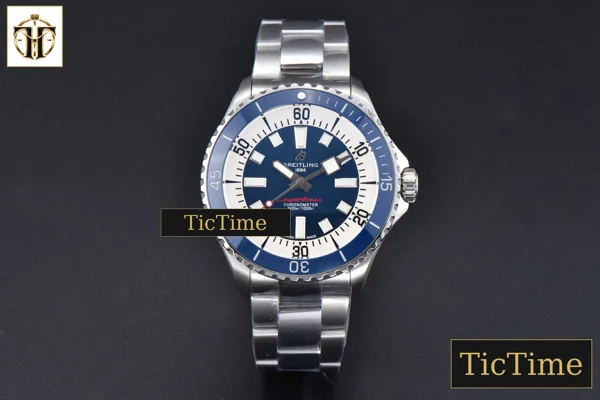 Foto frontal — SuperOcean 44mm TF Blue Bezel Blue/White Dial SS Bracelet A2824