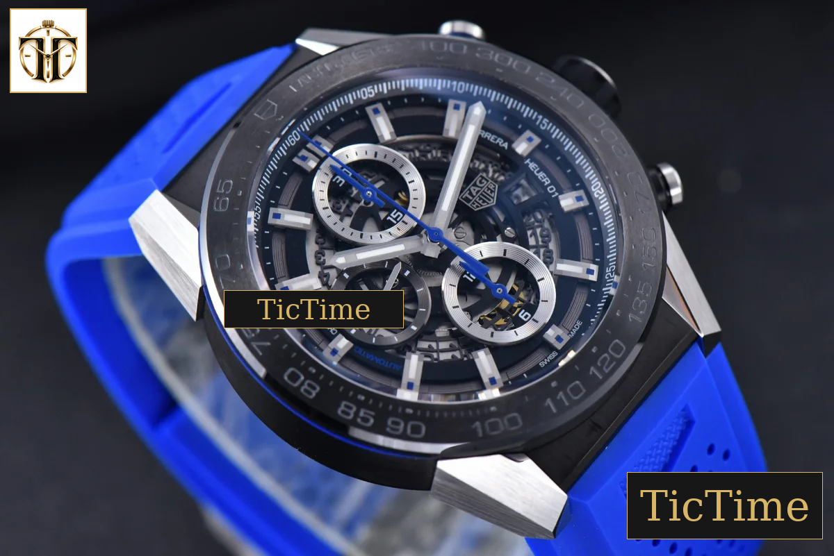Calibre Heuer 01 Chrono 45mm XF PVD Skeleton Dial Blue Hand Blue Rubber Strap A1887 — foto 11