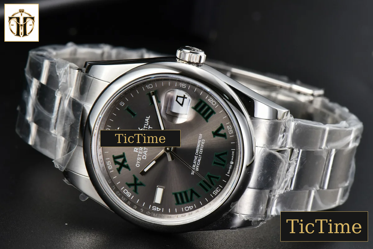 DateJust Smooth Wimbledon 36mm BPF Gray Dial Green Roma Marker Oyster Bracelet A2824 — foto 16