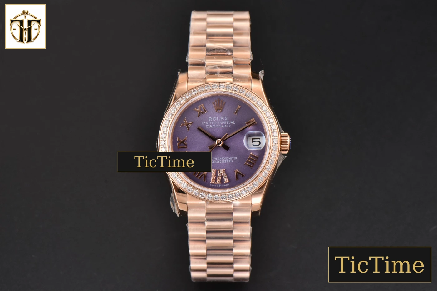 Vista frontal — DateJust Ladies 904L 31mm WF RG Diamond Purple Dial Diamond Roma Marker Oyster Bracelet A2671