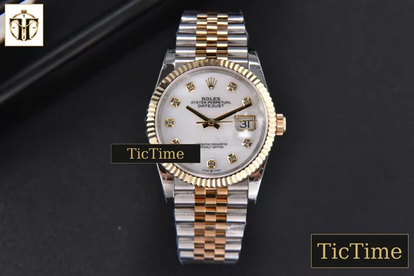 Foto frontal — DateJust 904L 36mm GMF YG/SS Fluted Bezel White MOP Dial Diamond Marker Jubilee Bracelet VR3235