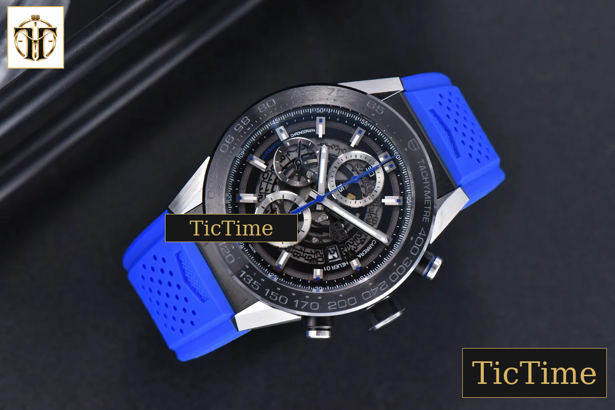 Calibre Heuer 01 Chrono 45mm XF PVD Skeleton Dial Blue Hand Blue Rubber Strap A1887 — foto 4