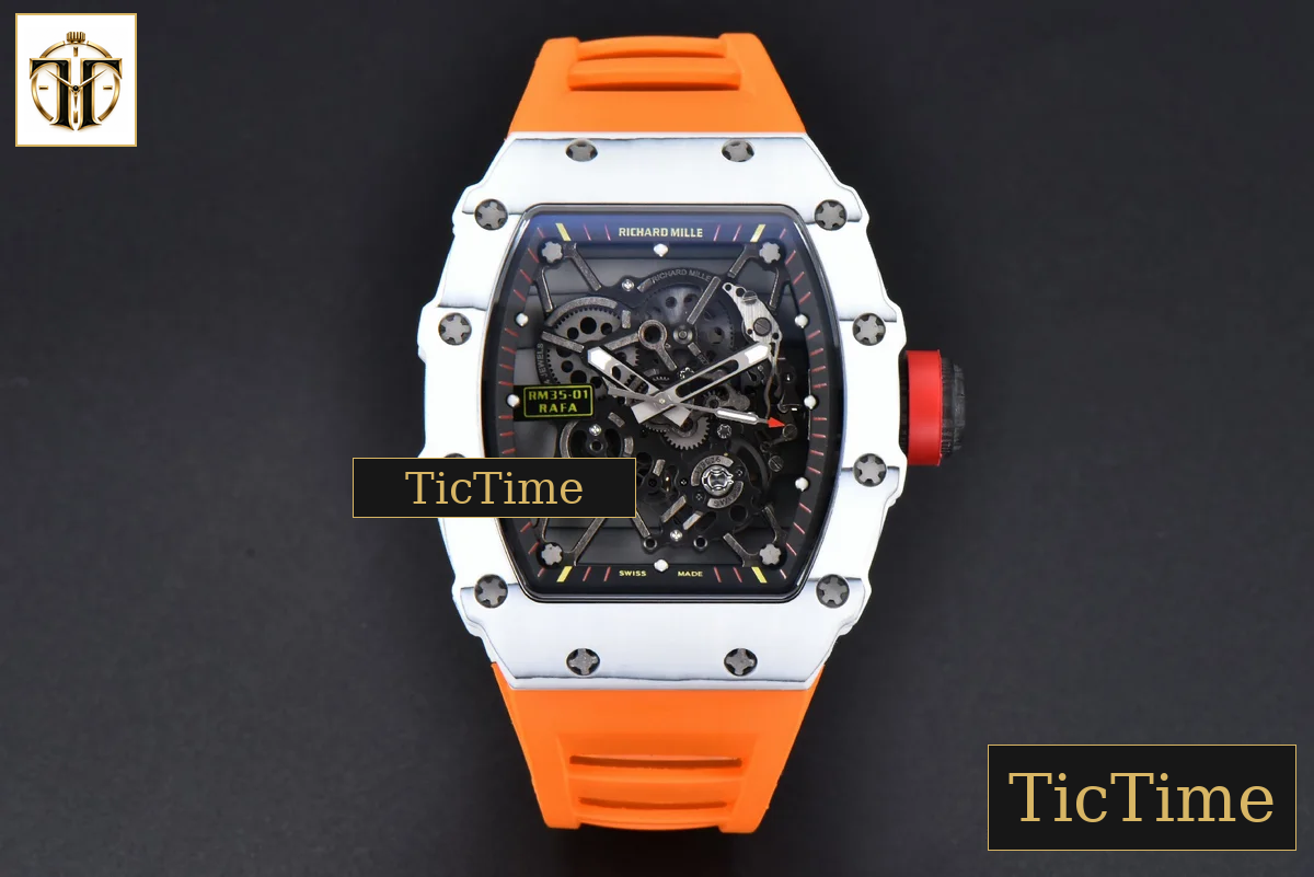 RM035-02 42mm T+F White Forged Carbon Skeleton Dial Red Crown Orange Rubber Strap RMUL2 — foto 3
