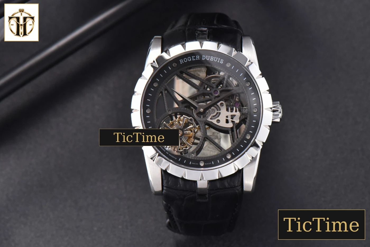 Vista frontal — Excalibur 45mm JBF SS Black Crown Skeleton Dial Black Croc Leather Strap Tourbillon A2136