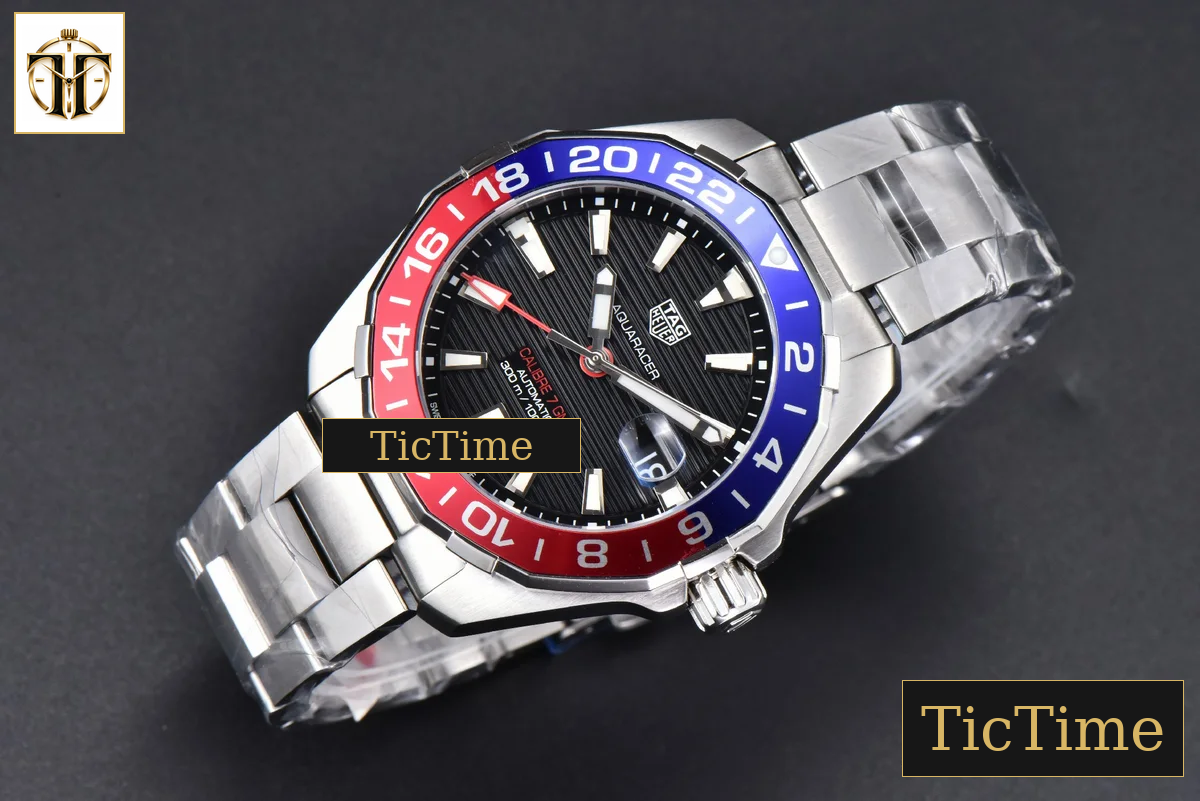 Aquaracer Calibre 7 GMT 43mm OF Blue/Red Bezel Black Dial Swiss SW200 — foto 4