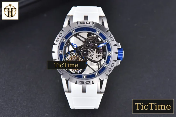 Foto frontal — Excalibur Sports Tourbillon 46mm JBF Titanium Skeleton Dial Blue Crown White Rubber Strap