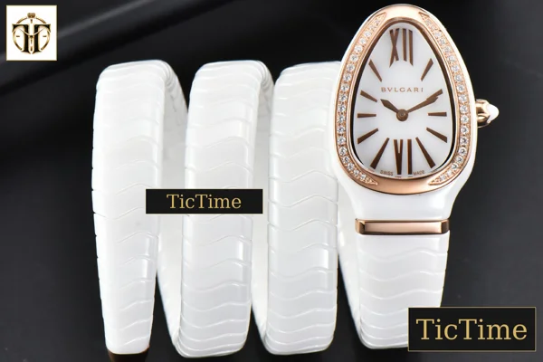 Foto frontal — Serpenti Spiga 35mm BVF RG Polycyclic White Ceramic White Dial Diamond Bezel Quartz