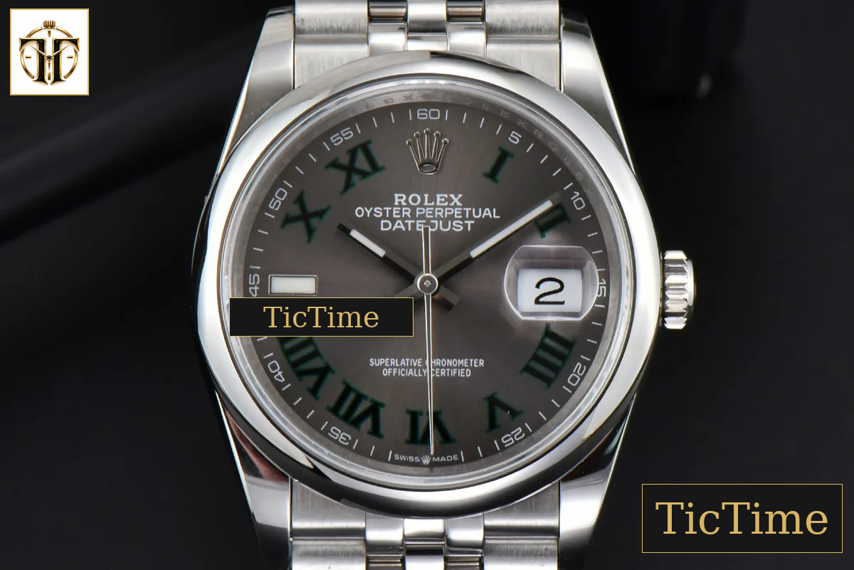 DateJust Smooth Bezel Wimbledon 36mm BPF Gray Dial Green Roma Marker Jubilee Bracelet A2824 — foto 2