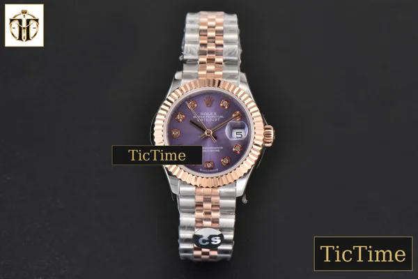 Foto frontal — DateJust Ladies 28mm WF RG/SS Purple Dial Diamond Marker Jubilee Bracelet A2236