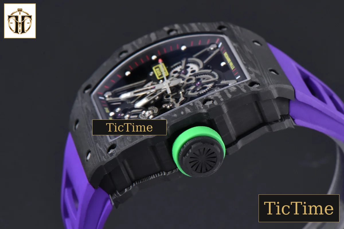 RM035-02 42mm T+F Black Forged Carbon Skeleton Dial Green Crown Purple Rubber Strap RMUL2 — foto 12