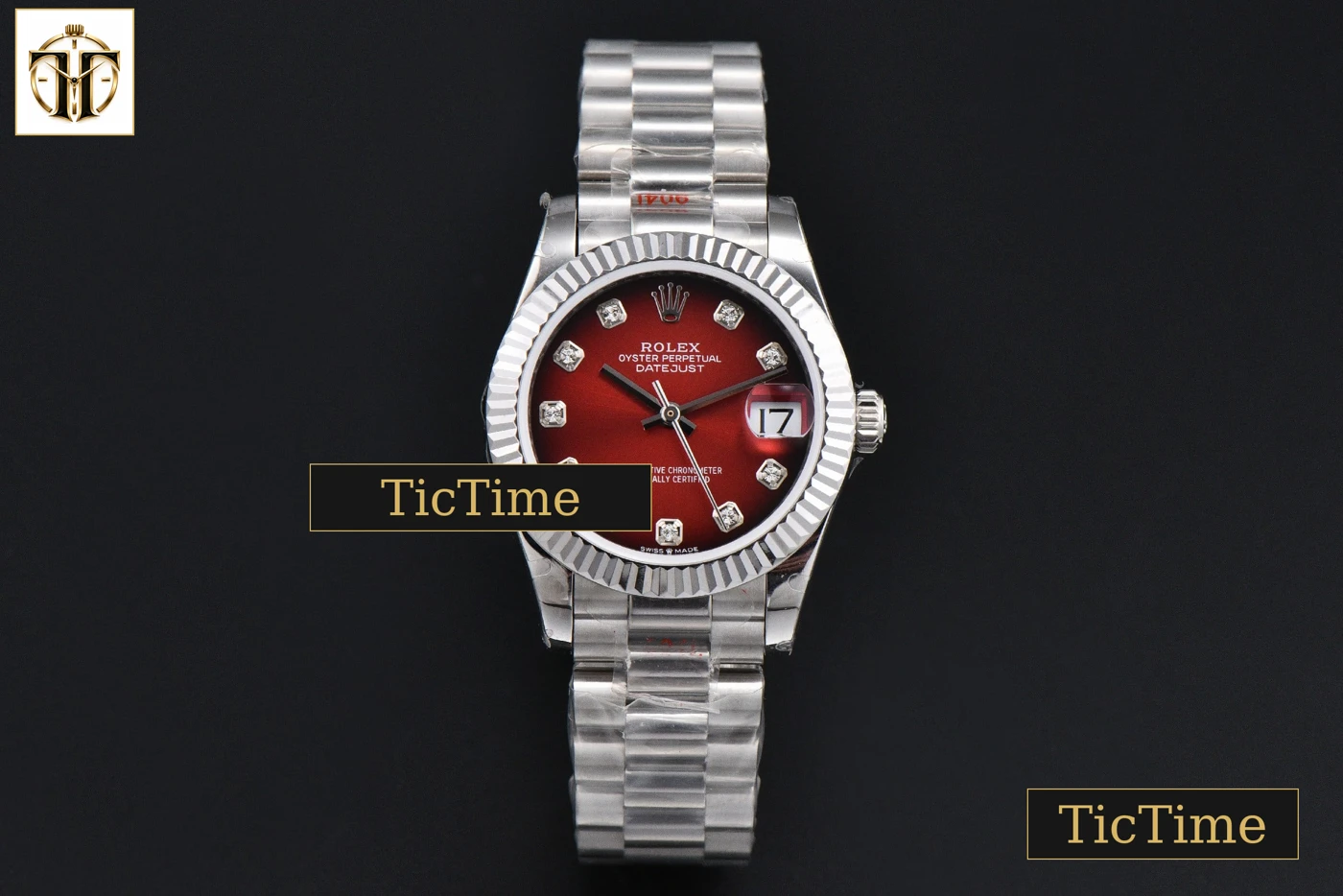 Vista frontal — DateJust 904L Fluted Bezel 31mm GMF Red Dial Diamond Marker SS President Bracelet A2824