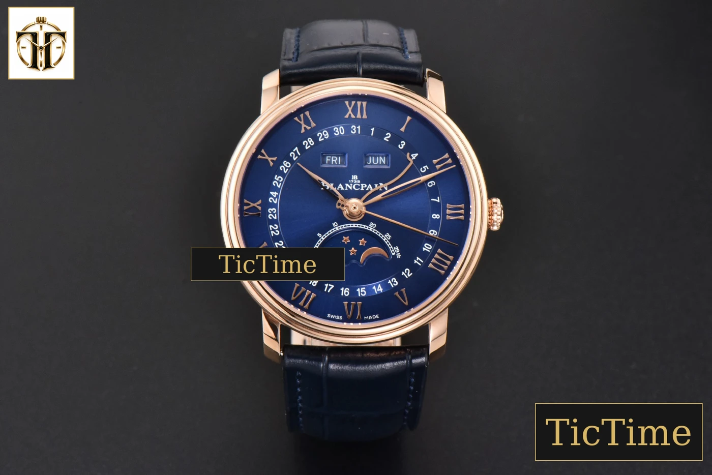 Vista frontal — Villeret Complicated Function 6654 40mm OMF RG Blue Dial Black Leather Strap V3 A6654