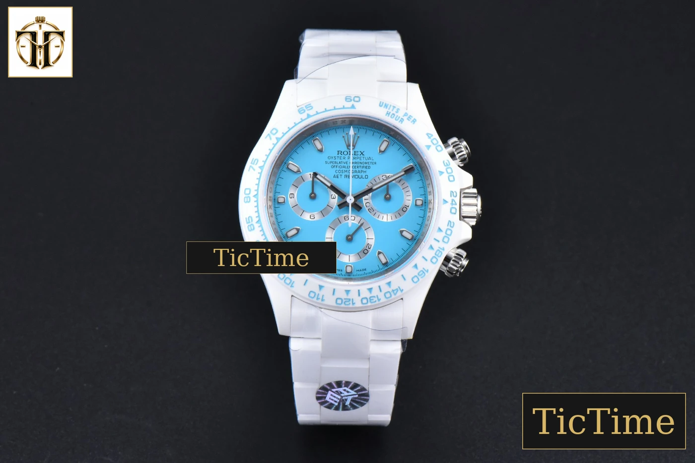 Vista frontal — Daytona AETF White Ceramic Blue Dial Ceramic Bracelet V2 SA4130