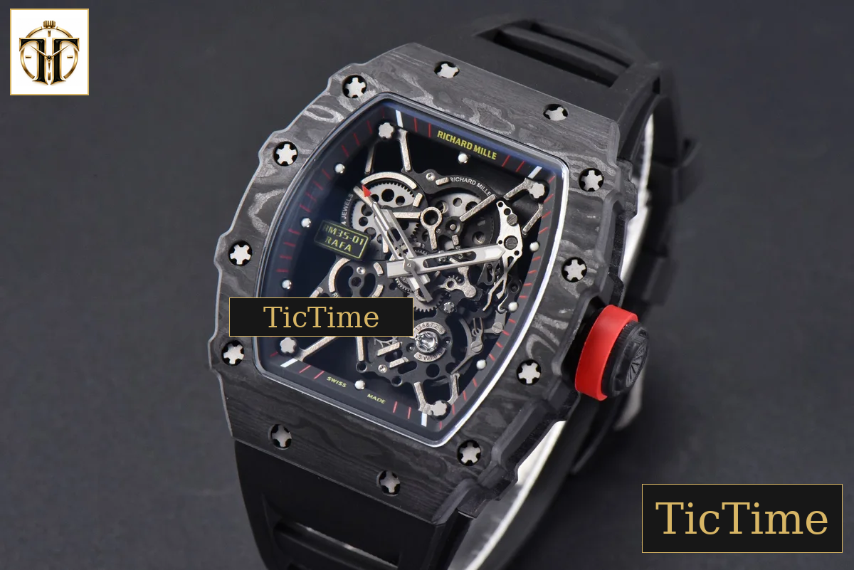 RM035-02 42mm T+F Black Forged Carbon Black Skeleton Dial Red Crown Black Rubber Strap RMUL2 — foto 5