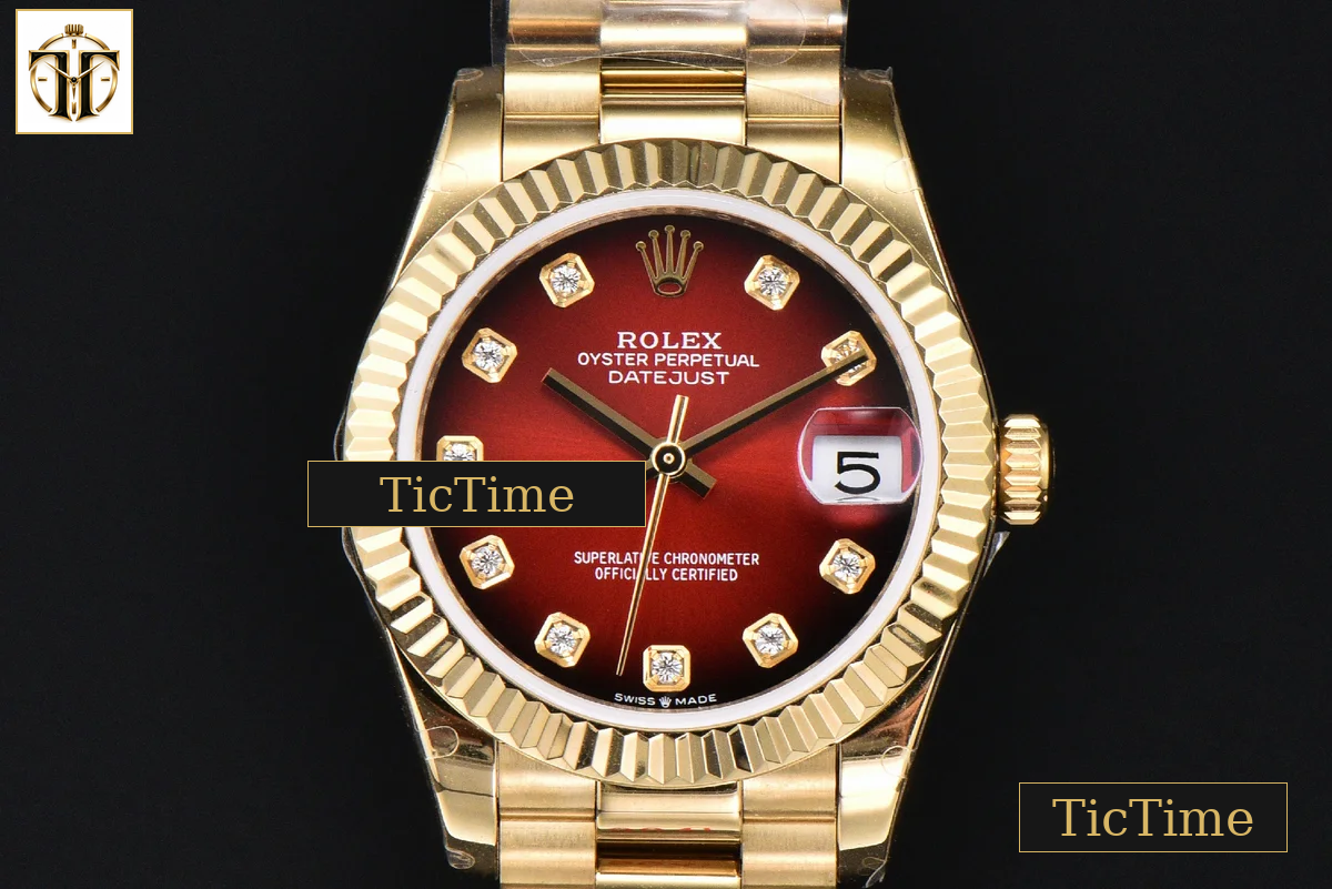 DateJust 31mm GMF YG Fluted Bezel Red Dial Diamond Marker President Bracelet A2824 — foto 5