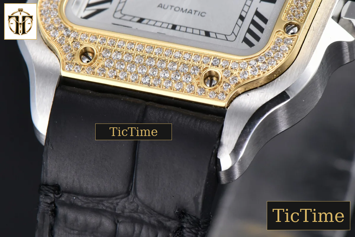 Santos de Cartier Medium 35mm AF SS White Dial YG Diamond Bezel Black Leather Strap Miyota 9015 — foto 8