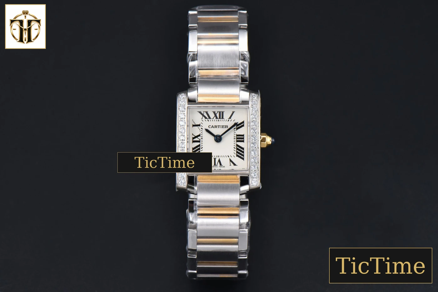 Vista frontal — Tank Francaise Small 25.7mmx21.2mm 8848F Diamond YG/SS Bracelet Quartz