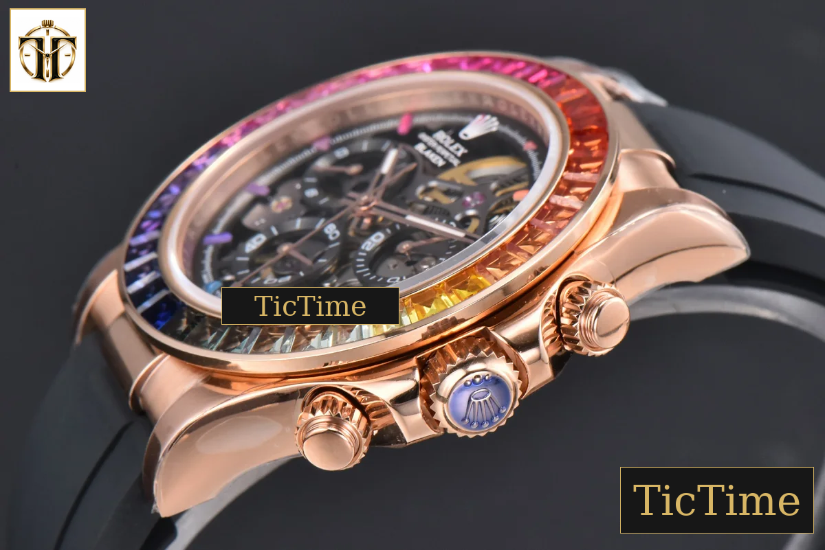 Daytona 40mm GETF PVD RG Carbon Rainbow Diamond Skeleton Dial Black Rubber Strap SA4130 — foto 12