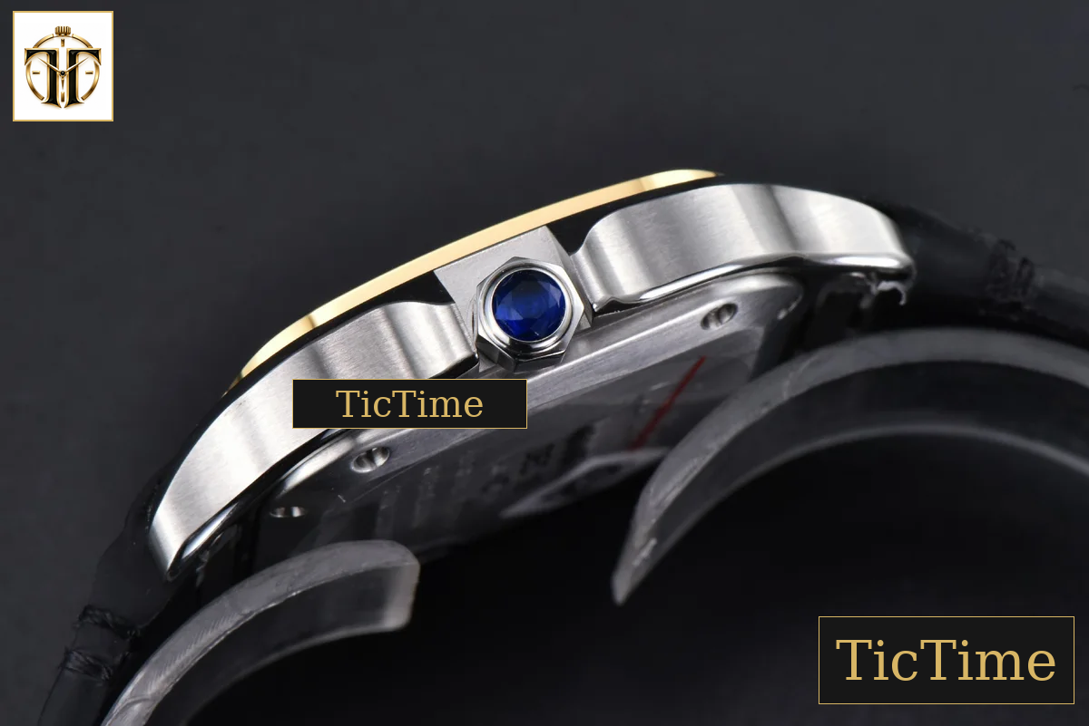 Santos de Cartier Medium 35mm AF SS White Dial YG Diamond Bezel Black Leather Strap Miyota 9015 — foto 12
