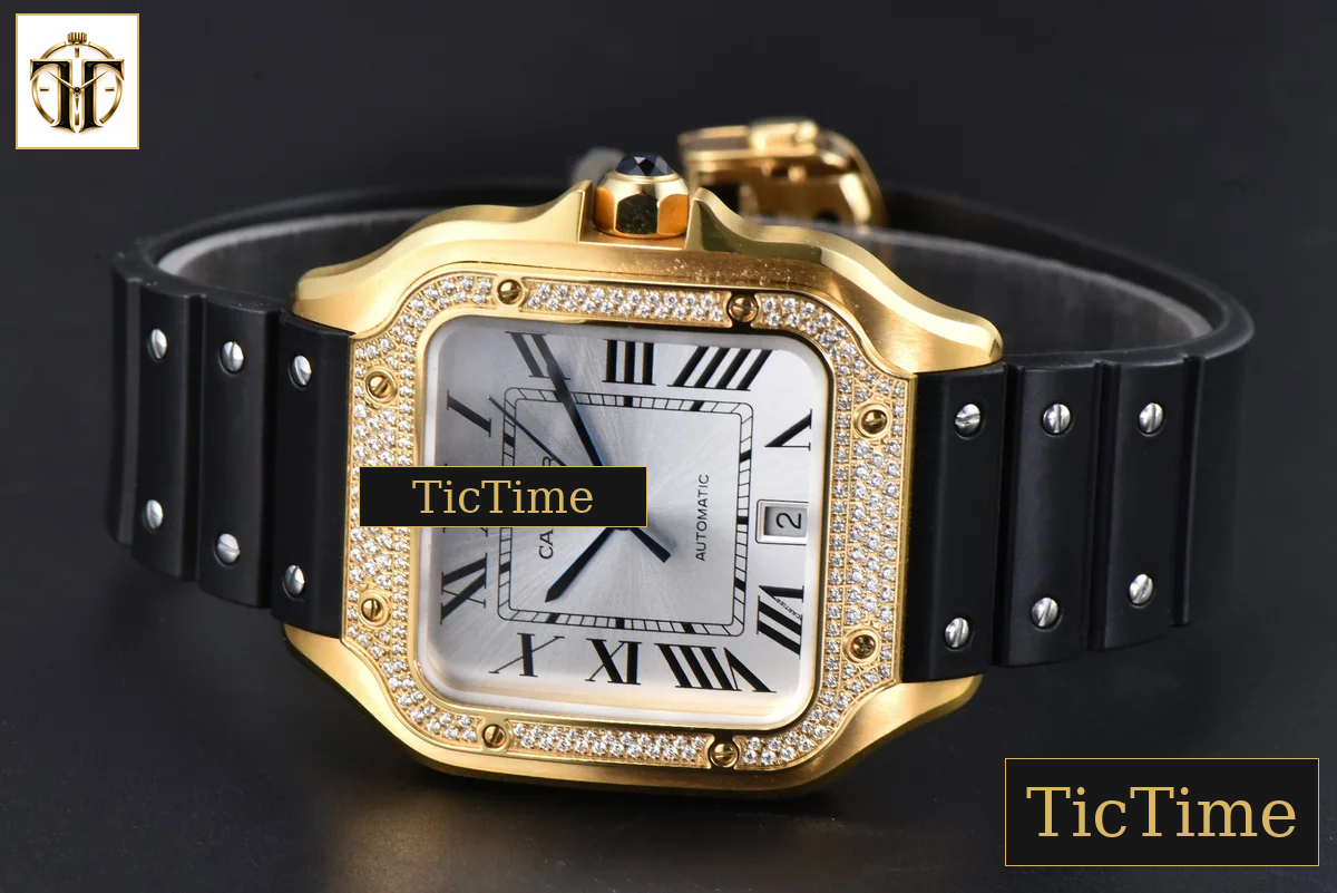 Santos de Cartier XL 40mm AF YG White Dial YG Diamond Bezel Black Rubber Strap Miyota 9015 — foto 11