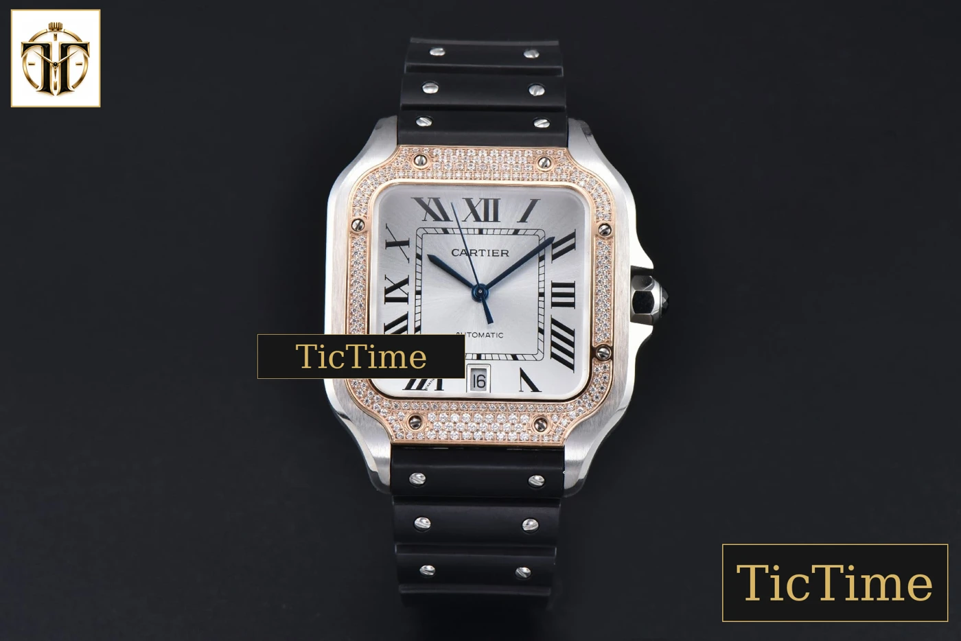 Vista frontal — Santos de Cartier XL 40mm AF SS White Dial RG Diamond Bezel Black Rubber Strap Miyota 9015