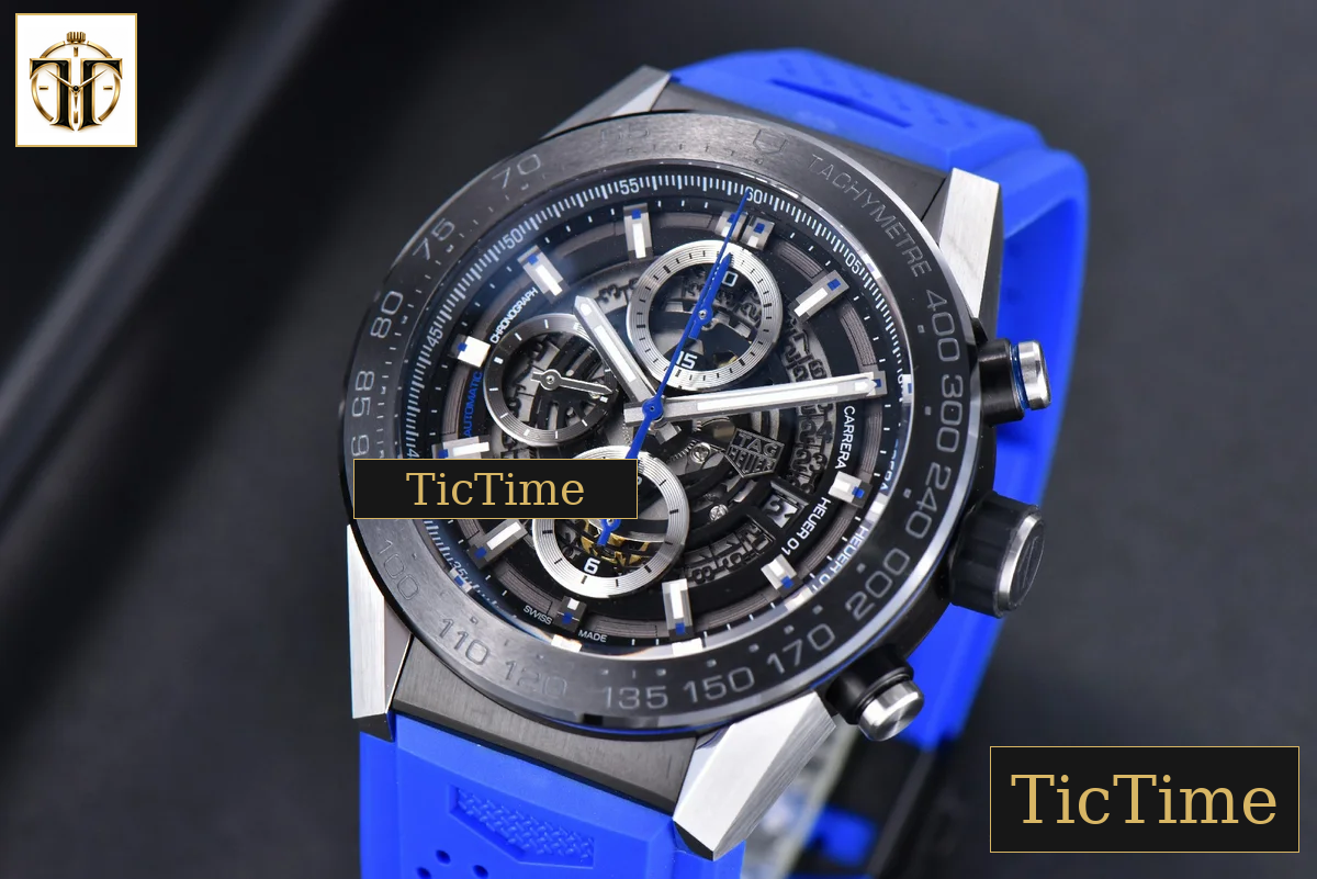 Calibre Heuer 01 Chrono 45mm XF PVD Skeleton Dial Blue Hand Blue Rubber Strap A1887 — foto 5