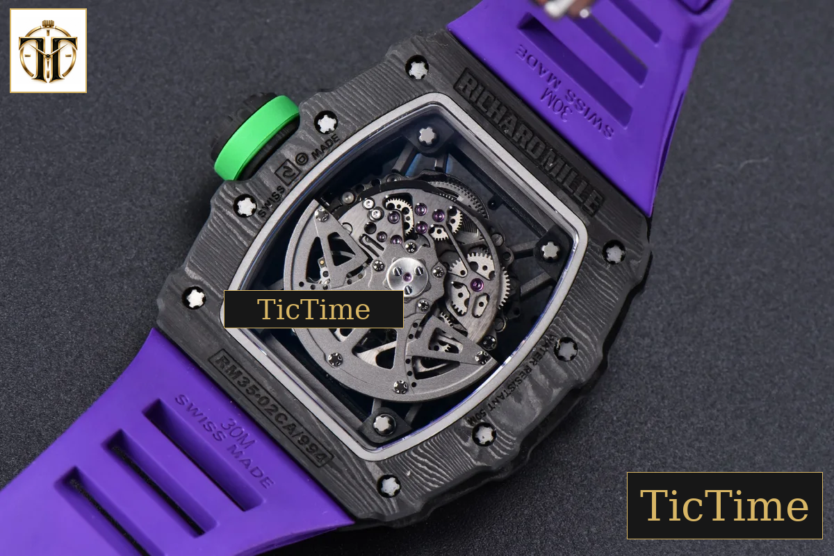 RM035-02 42mm T+F Black Forged Carbon Skeleton Dial Green Crown Purple Rubber Strap RMUL2 — foto 30