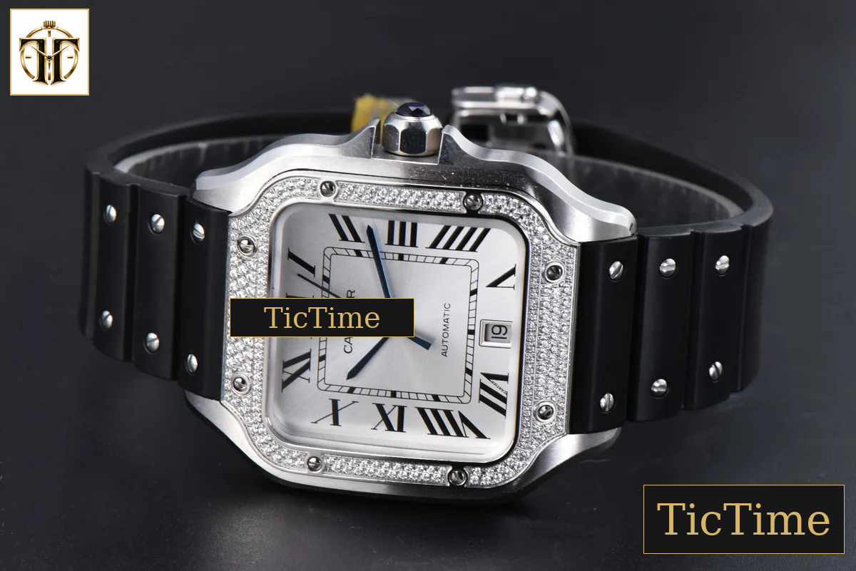 Santos de Cartier XL 40mm AF SS White Dial Diamond Bezel Black Rubber Strap Miyota 9015 — foto 11