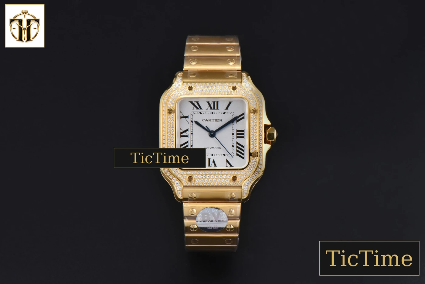 Vista frontal — Santos de Cartier Medium 35mm BVF YG Diamond Case White Dial YG Bracelet Miyota 9039