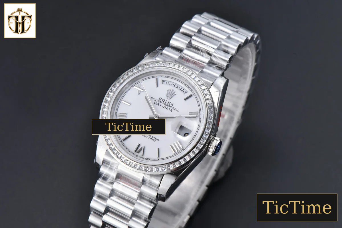 DayDate 36mm GMF SS Diamond Bezel White Dial Roman Marker President Bracelet (Tungsten) A2836 — foto 4