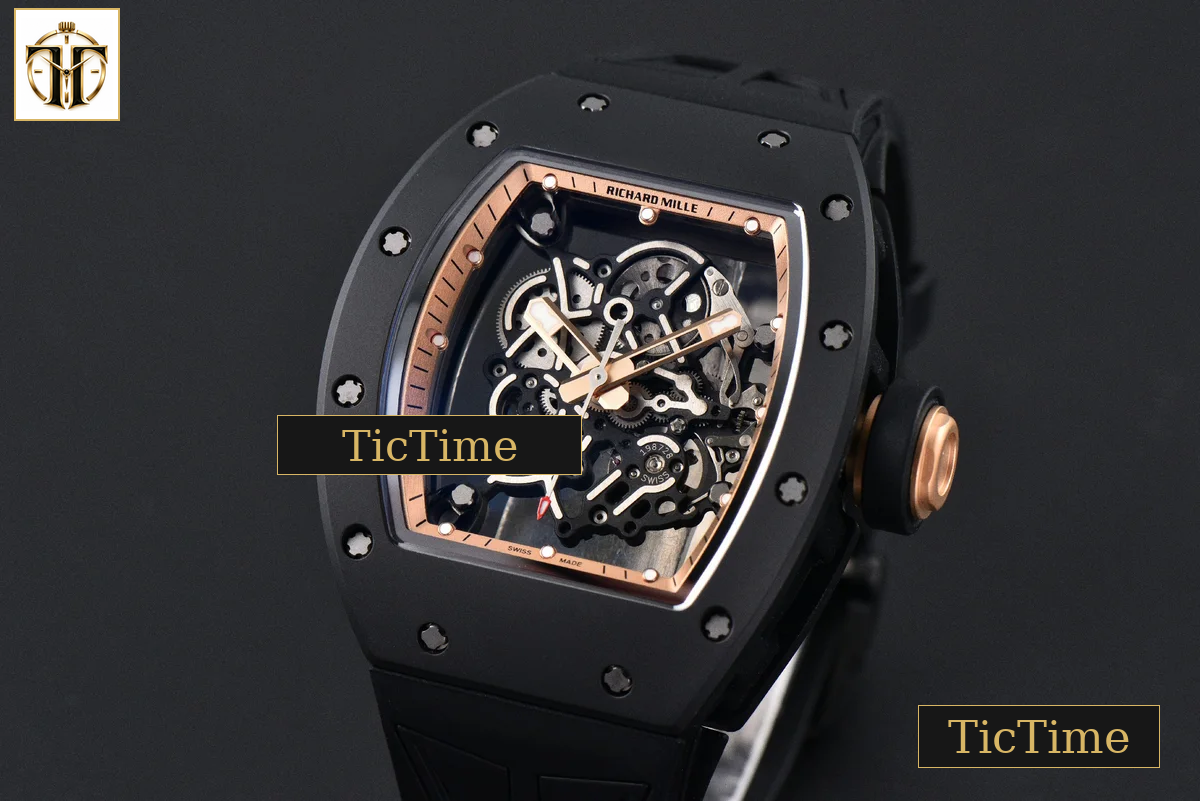 RM055 42.7mm ZF Ceramic Black Bezel Gold Skeleton Dial Black Crown Black Rubber Strap RMUL2 — foto 4
