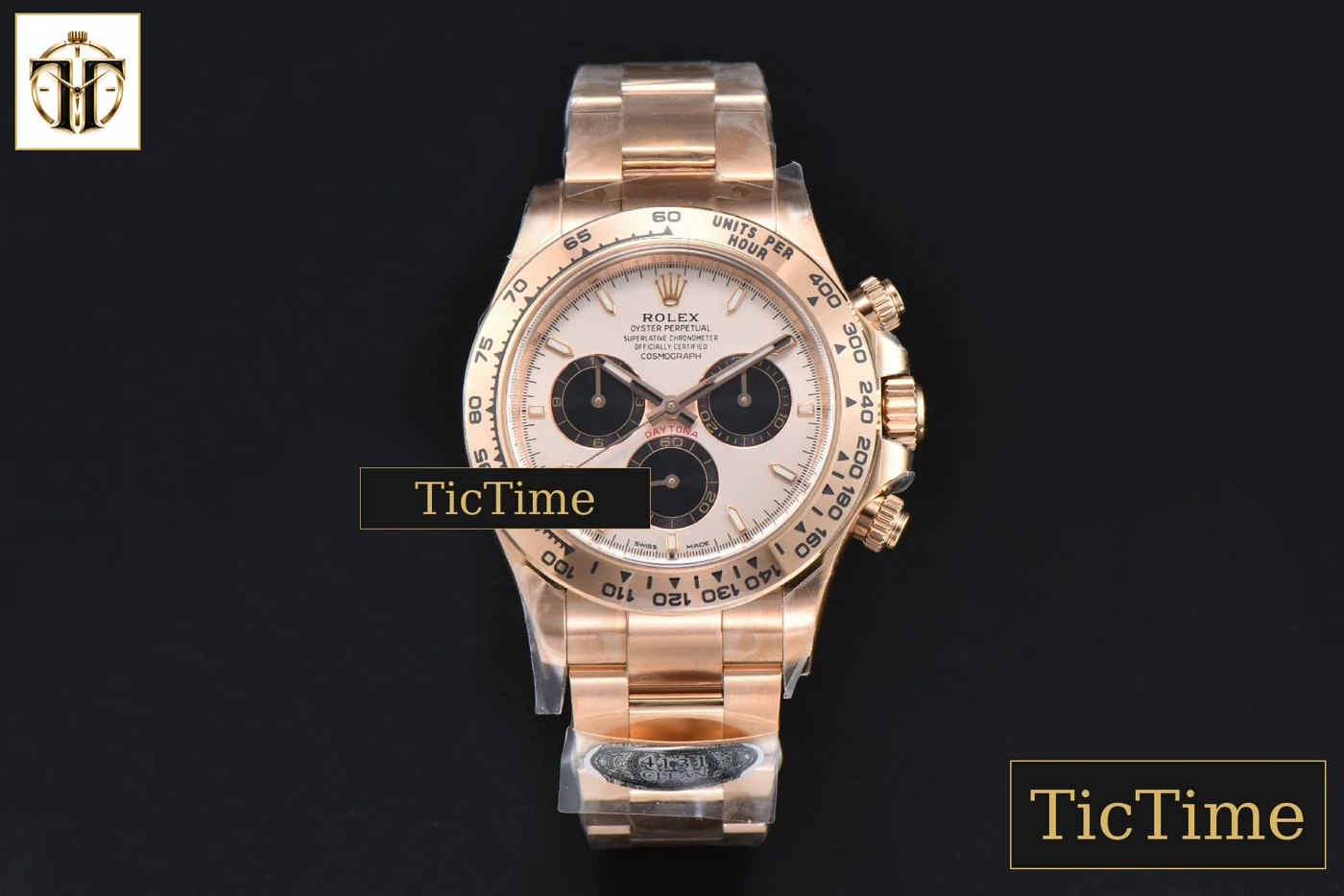 Vista frontal — Daytona 126505 40mm Clean Factory RG Black Subdial RG Bracelet SH4131