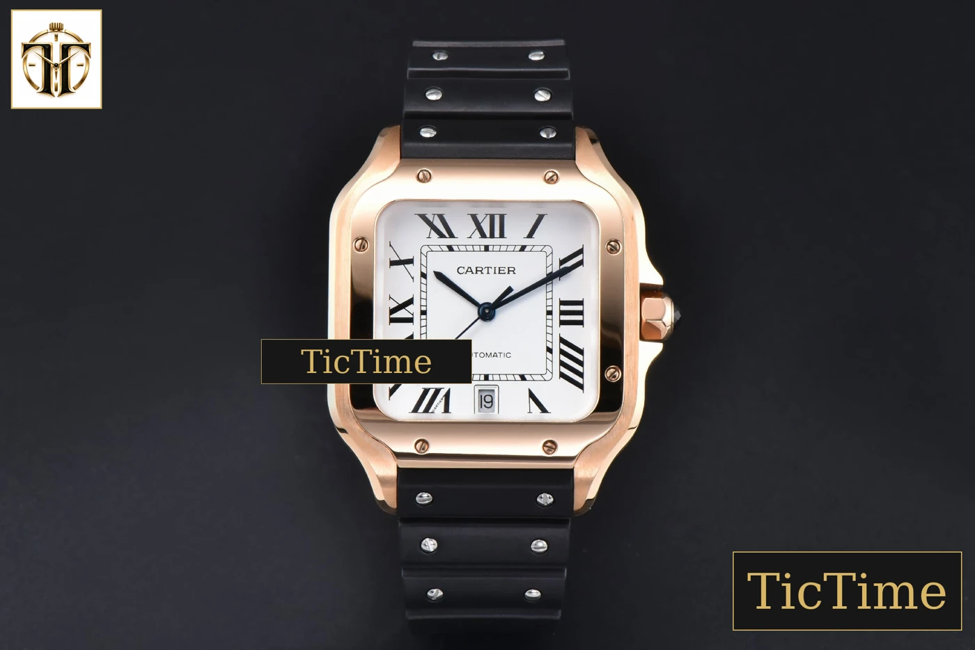 Vista frontal — Santos de Cartier XL 40mm AF RG White Dial Black Rubber Strap Miyota 9015