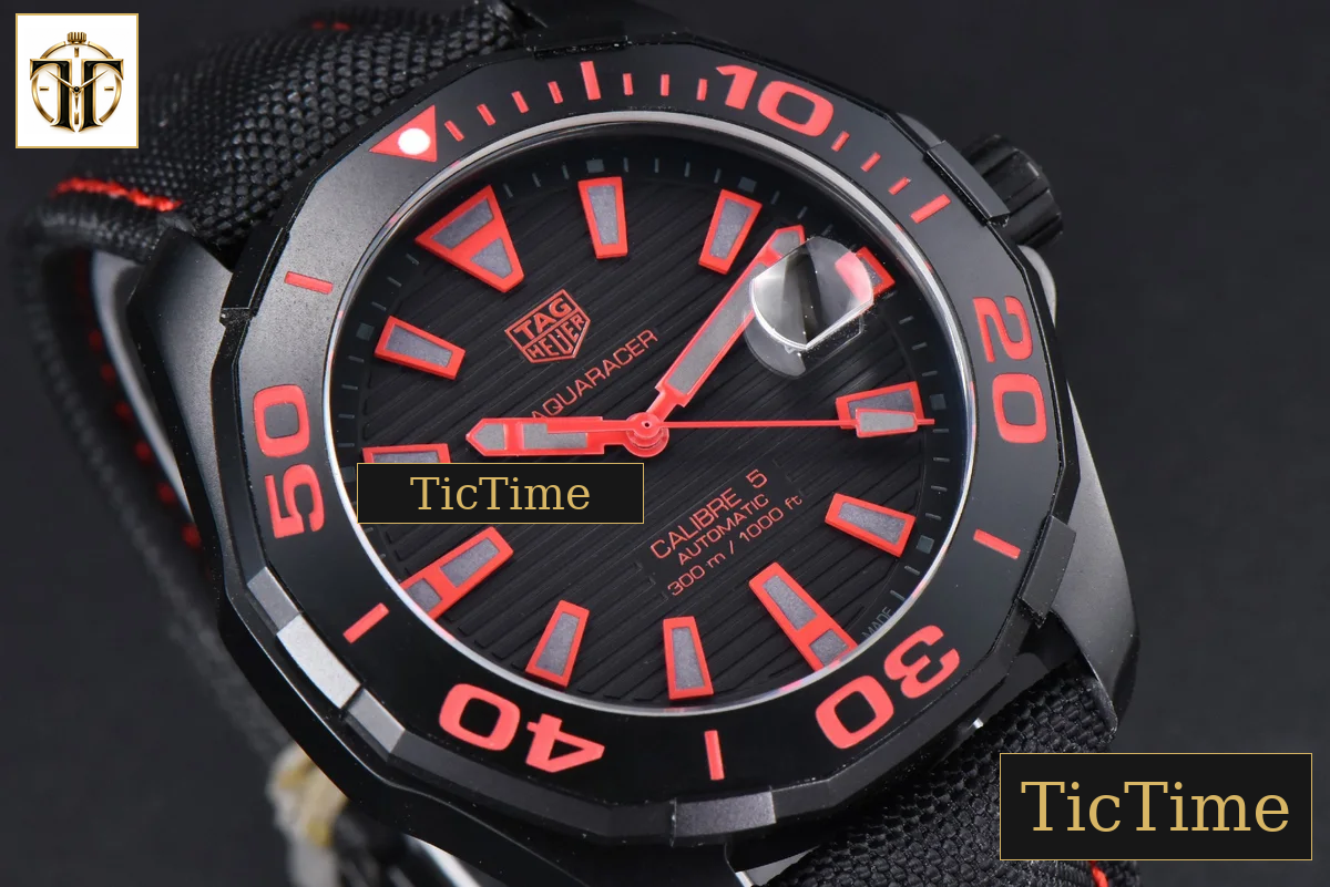 Aquaracer Calibre 5 43mm OF Ceramic Black Red Hand Dial Black Nylon Strap SW200 — foto 11
