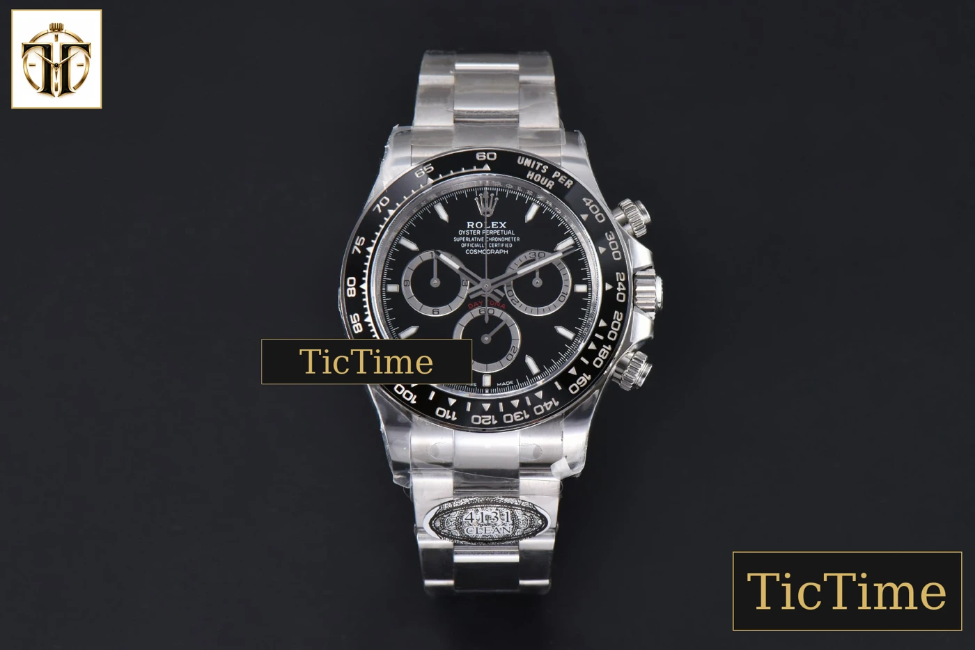 Vista frontal — Daytona 904L 126500 40mm Clean Factory Black Dial Black Bezel SS Bracelet DD4131