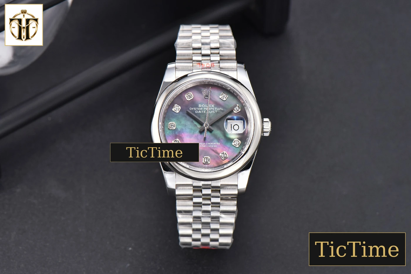 Vista frontal — DateJust 36mm GMF SS Smooth Bezel Gray MOP Dial Diamond Marker Jubilee Bracelet VR3235