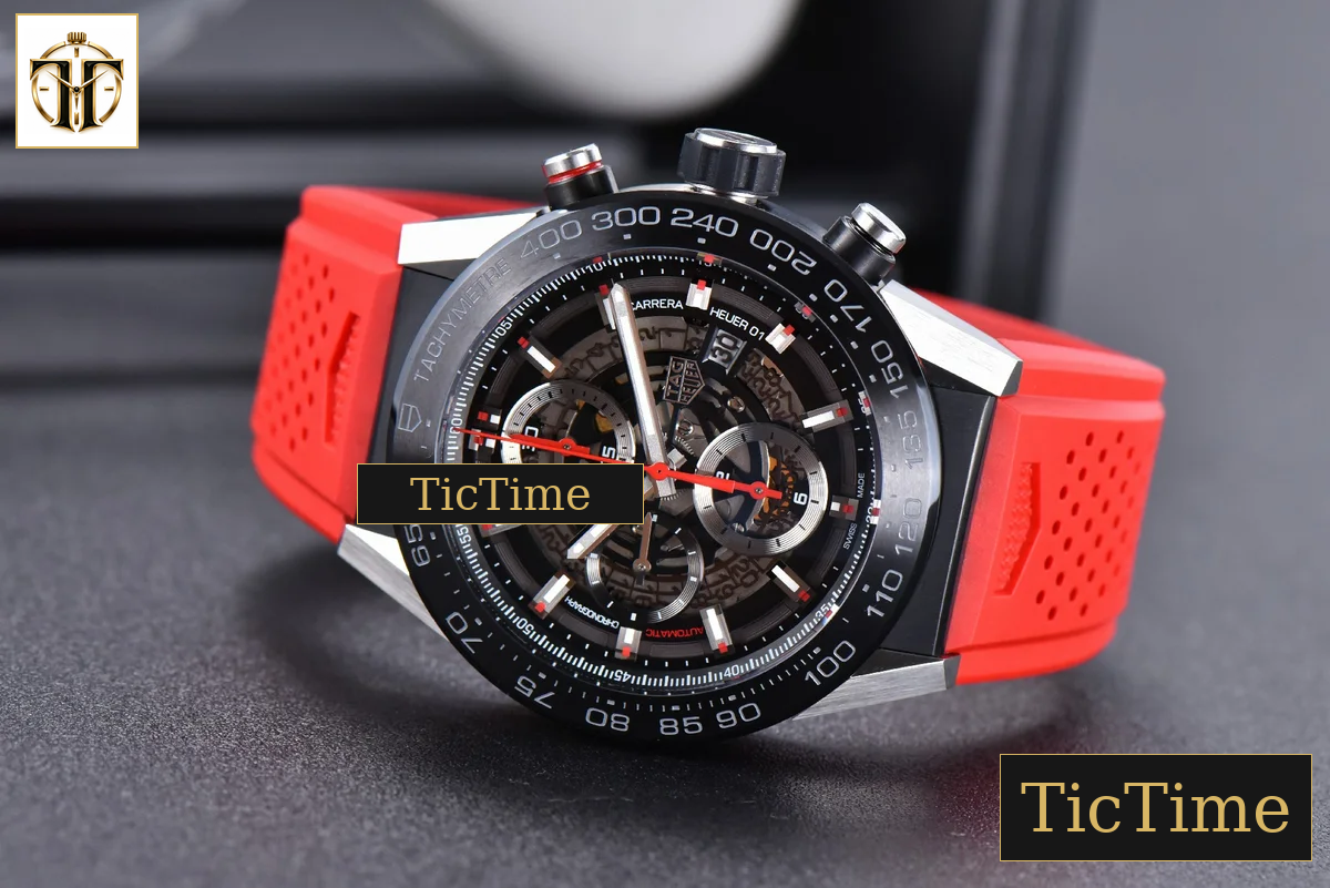 Calibre Heuer 01 Chrono 45mm XF Skeleton Dial Red Hand Red Rubber Strap A1887 — foto 14