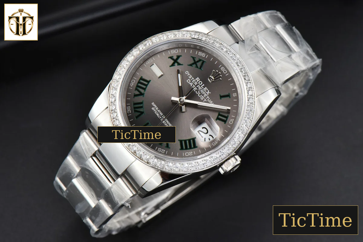 DateJust 36mm BPF Diamond Wimbledon Gray Dial Green Roma Marker Oyster Bracelet A2824 — foto 15