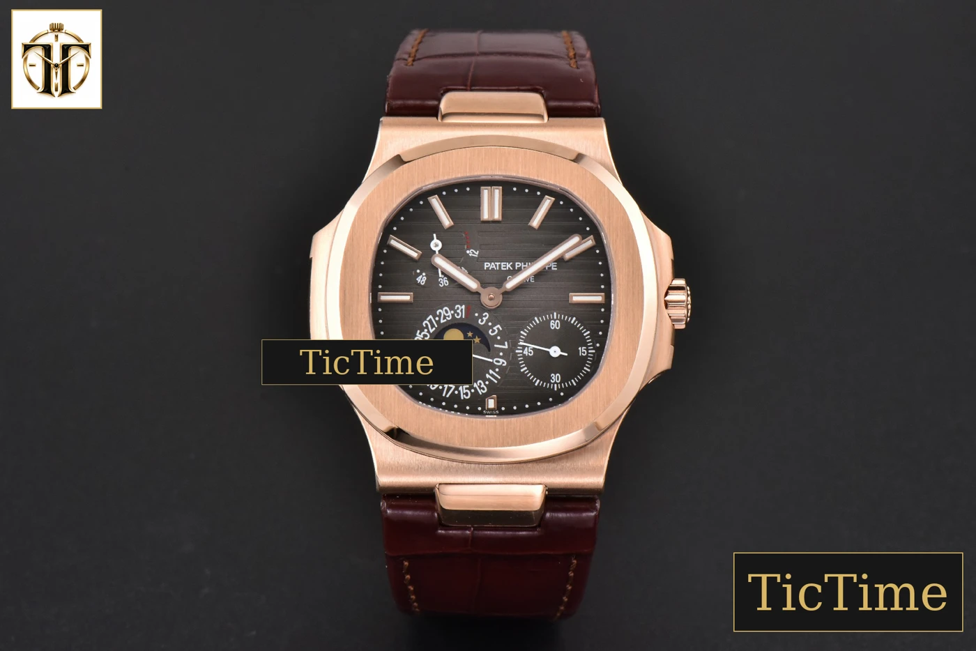 Vista frontal — Nautilus 5712 40mm ZF RG Brown Dial Brown Leather Strap V4 A240