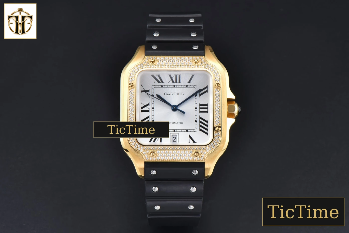 Vista frontal — Santos de Cartier XL 40mm AF YG White Dial YG Diamond Bezel Black Rubber Strap Miyota 9015