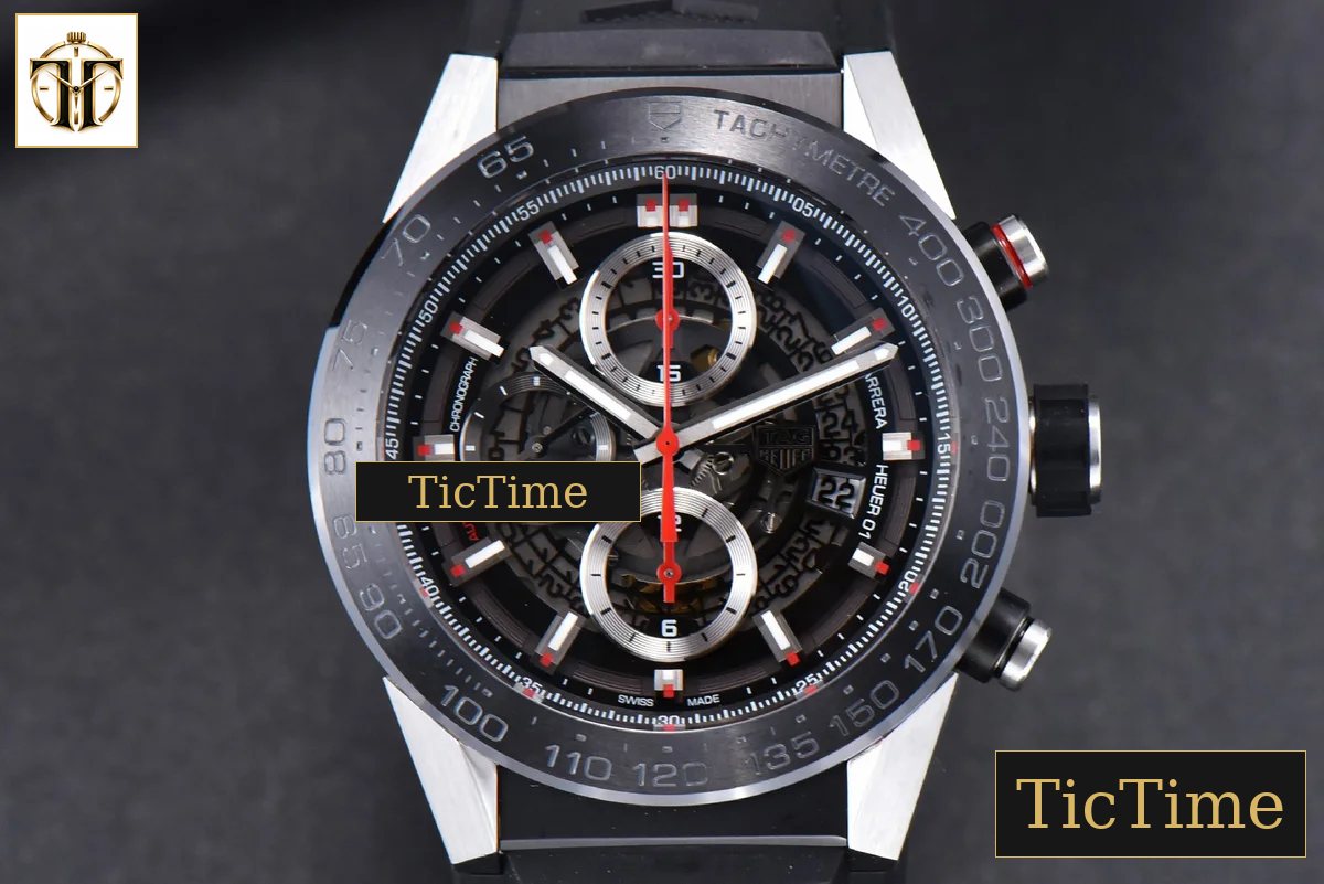 Calibre Heuer 01 Chrono 45mm XF PVD Skeleton Black Dial Red Hand Black Rubber Strap A1887 — foto 2